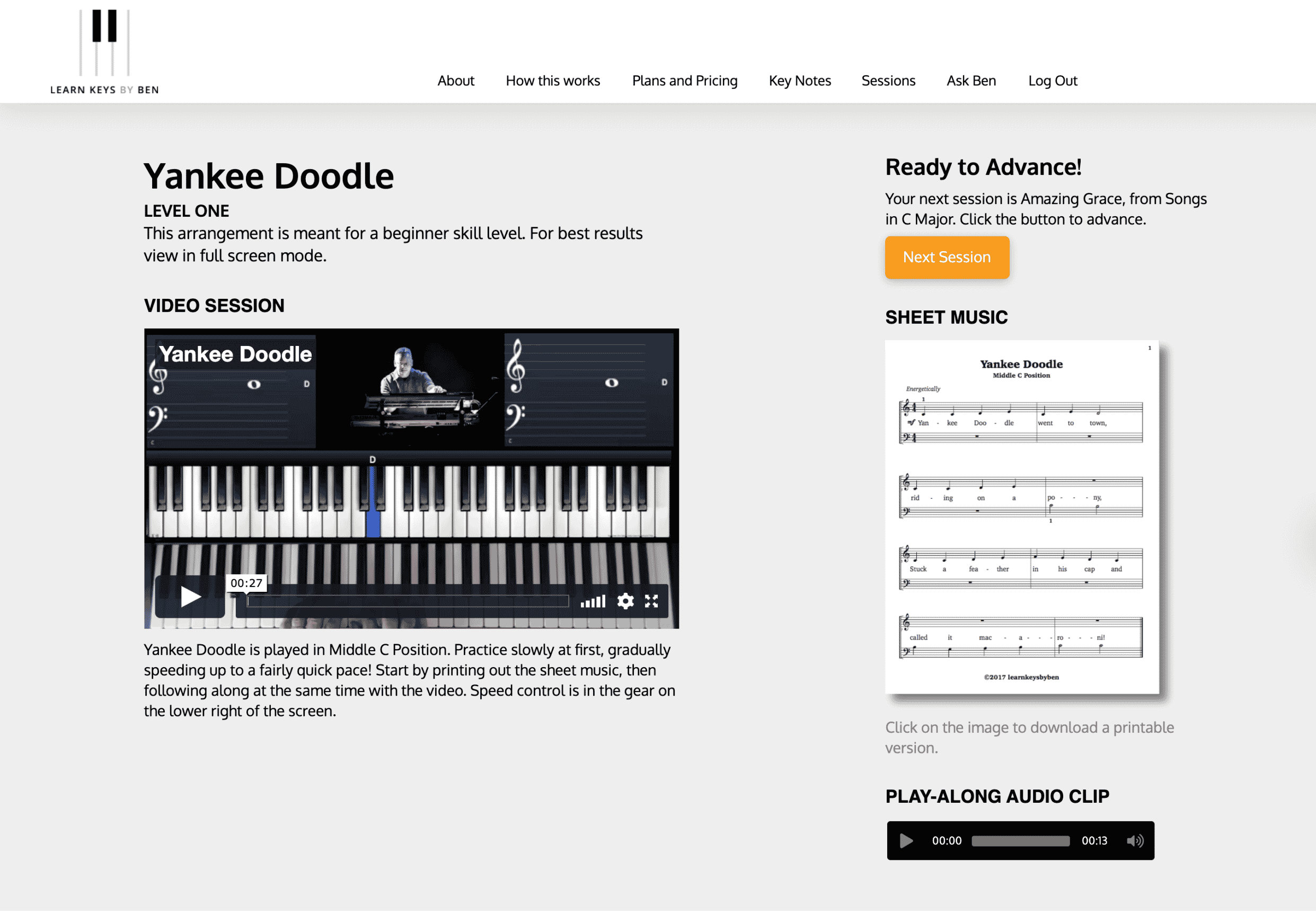 online piano lessons la sample screen